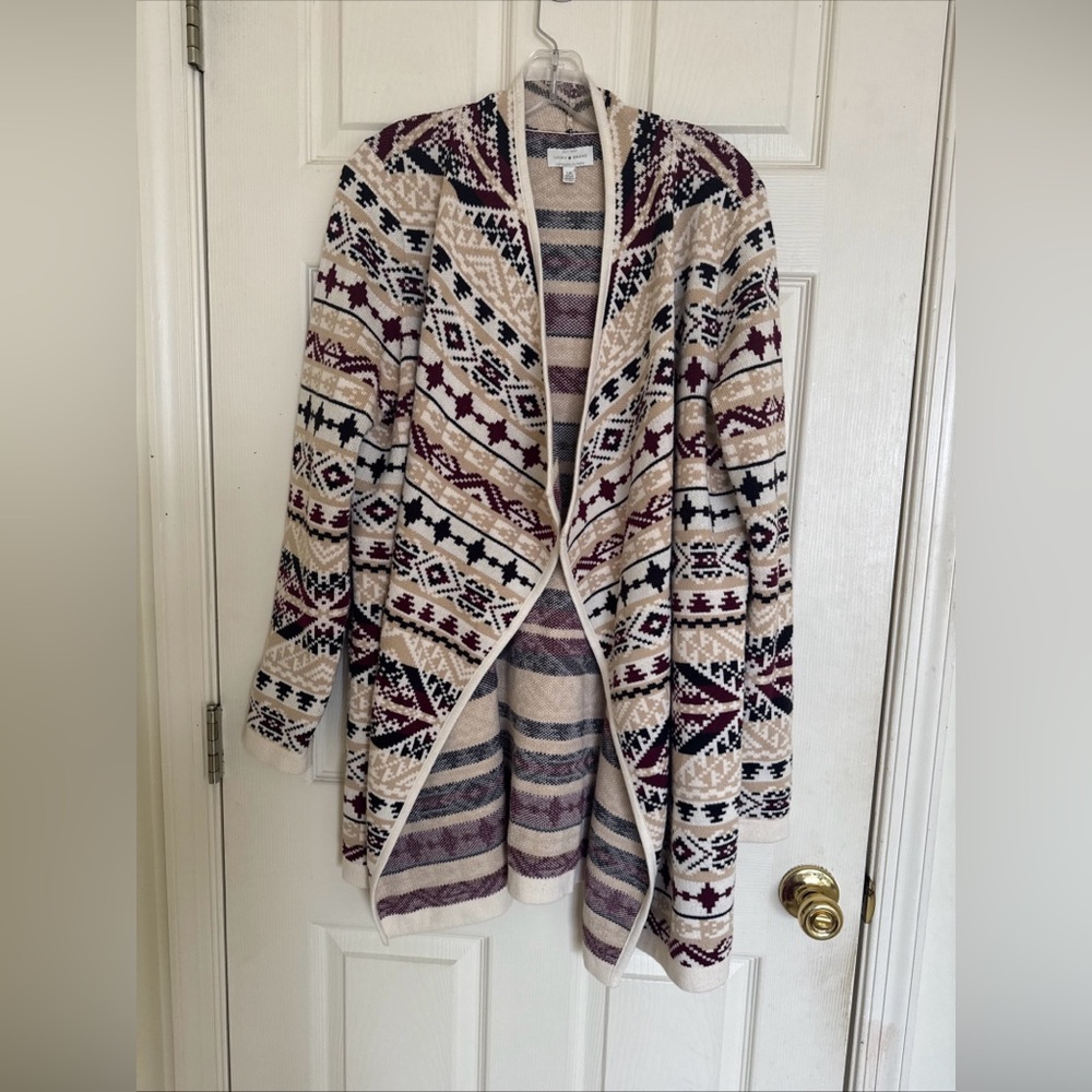 Lucky Brand Women's Beige Cardigan Size Large Tribal Pattern Front Open